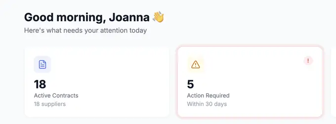 The Timemy dashboard showing active contracts, total contract value and upcoming renewals